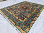 5x7ft Green Mamluk Rug – Handmade Wool Afghan Area Carpet – Traditional Geometric Oriental Design – Tribal Floor Rug, Living Room Rug