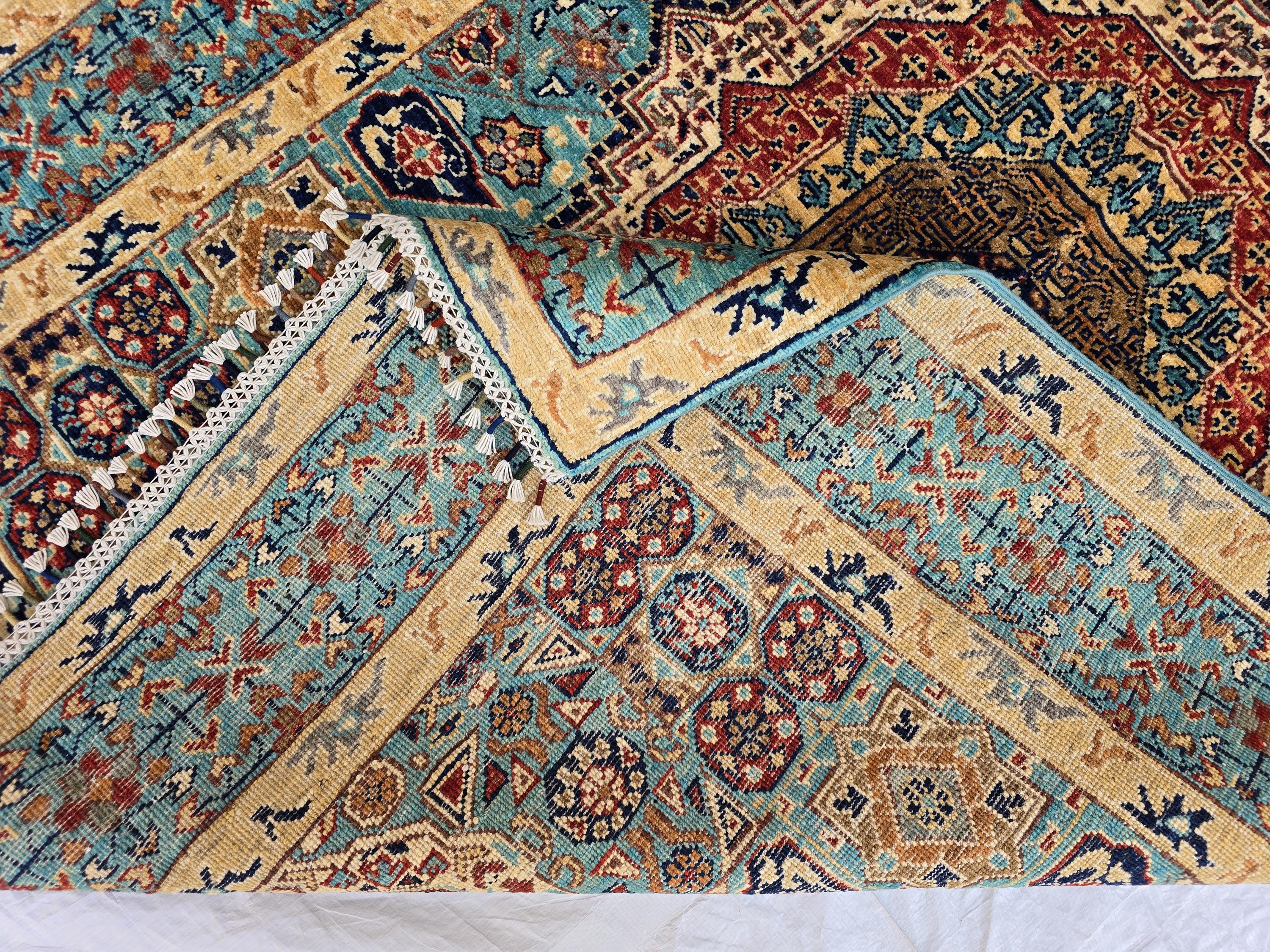 5x7ft Green Mamluk Rug – Handmade Wool Afghan Area Carpet – Traditional Geometric Oriental Design – Tribal Floor Rug, Living Room Rug