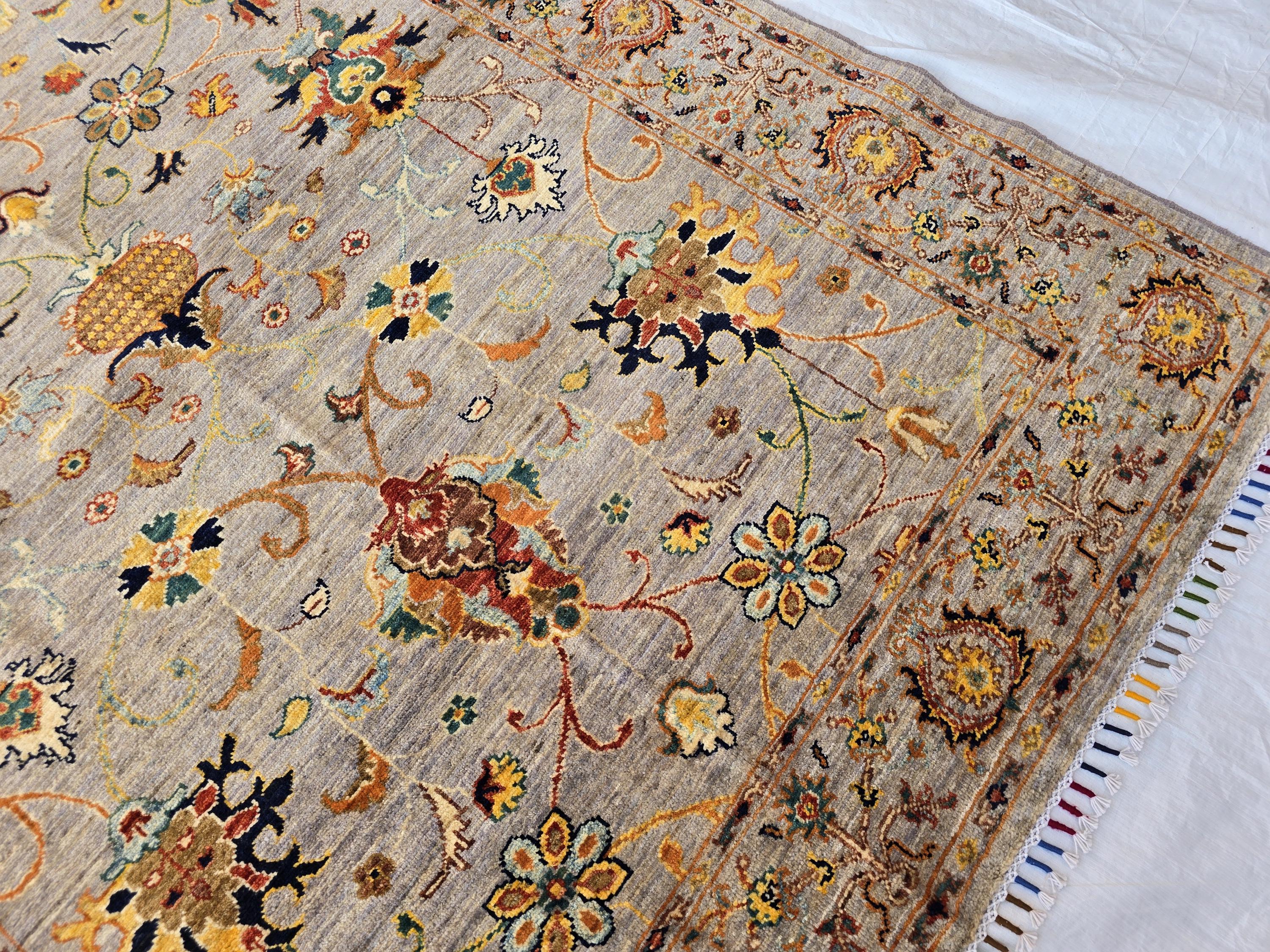 5x7ft Floral Afghan Rug – Handmade Wool Oriental Carpet – Turkmen Botanical Design – Traditional Persian Style Area Rug, Bedroom Rug