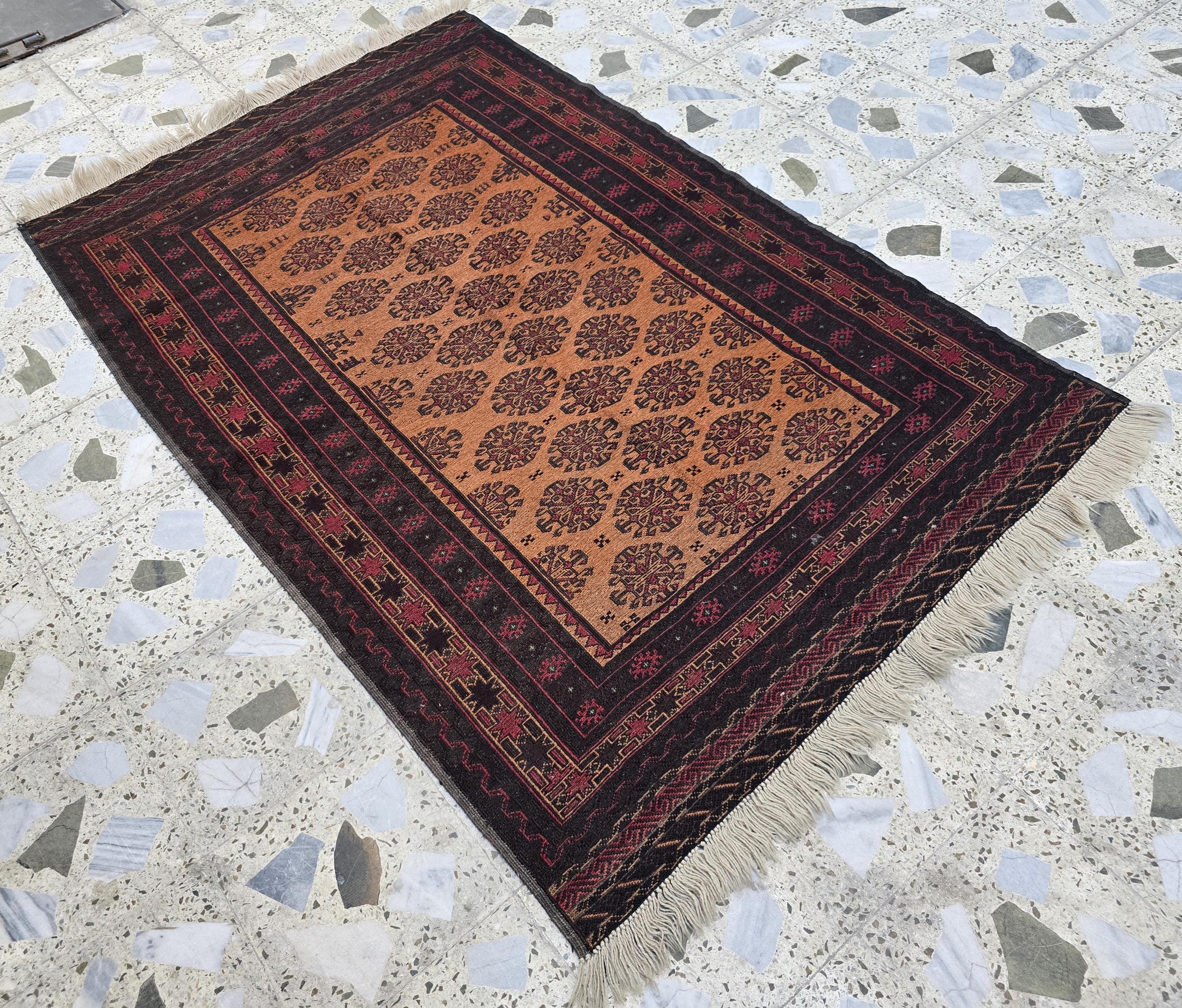 Vintage Afghan Kilim Rug 4.1x6.1 ft – Handwoven Tribal Wool Carpet, Orange & Black Geometric Pattern, Boho Home Decor