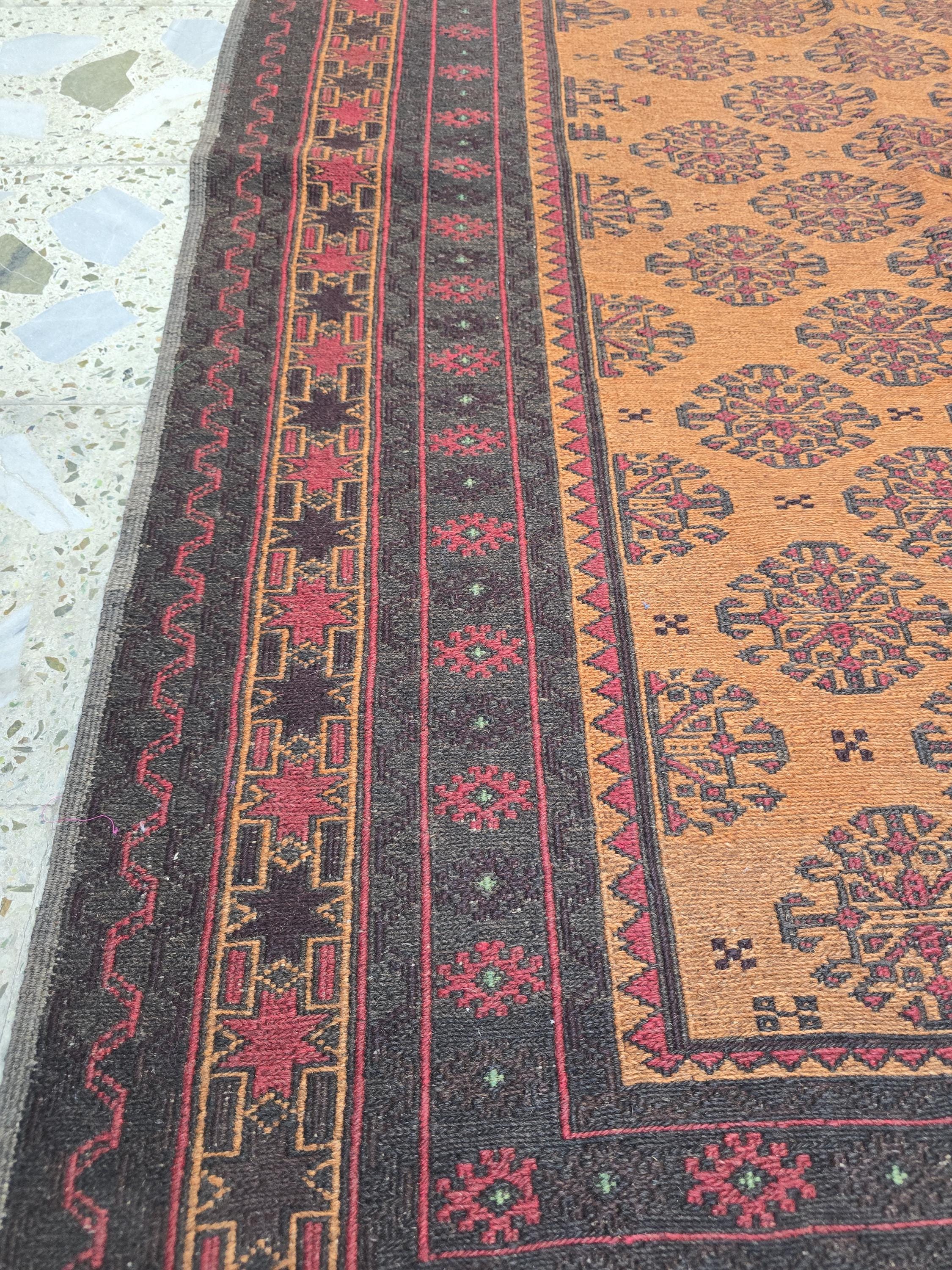 Vintage Afghan Kilim Rug 4.1x6.1 ft – Handwoven Tribal Wool Carpet, Orange & Black Geometric Pattern, Boho Home Decor