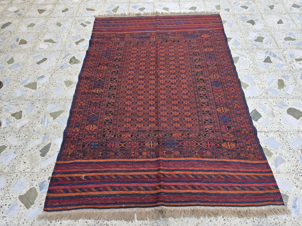 4x6ft, Turkmen Handmade Afghan Kilim Rug, Vintage Geometric Tribal Wool Rug, Boho Red Rug for Bedroom, Hallway, Entryway