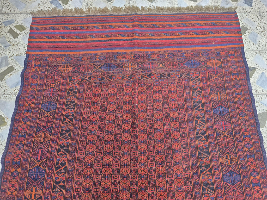 4x6ft, Turkmen Handmade Afghan Kilim Rug, Vintage Geometric Tribal Wool Rug, Boho Red Rug for Bedroom, Hallway, Entryway
