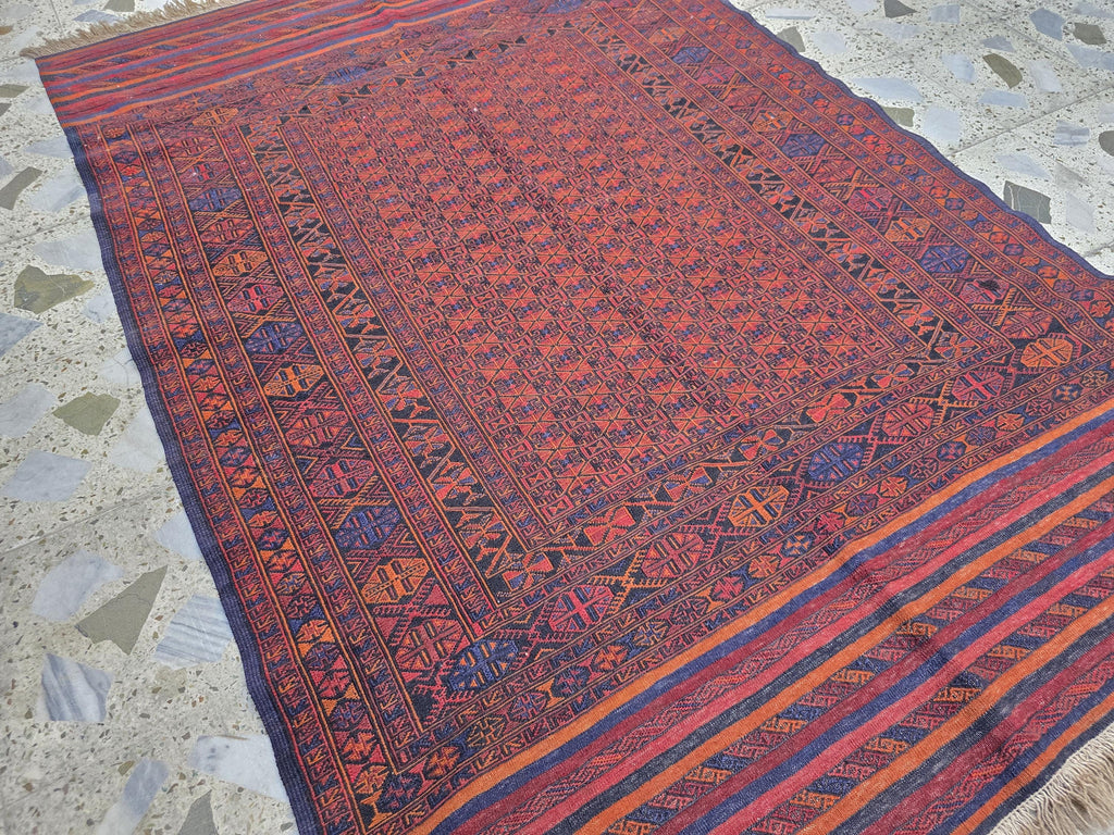 4x6ft, Turkmen Handmade Afghan Kilim Rug, Vintage Geometric Tribal Wool Rug, Boho Red Rug for Bedroom, Hallway, Entryway
