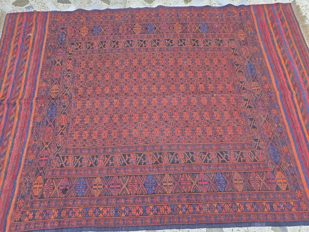 4x6ft, Turkmen Handmade Afghan Kilim Rug, Vintage Geometric Tribal Wool Rug, Boho Red Rug for Bedroom, Hallway, Entryway