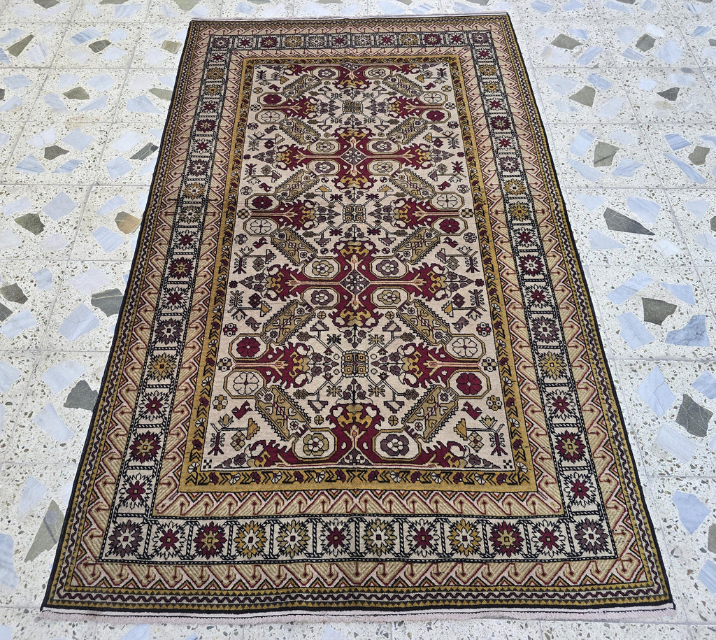 Shirvan Handwoven 4x7ft Vintage Afghan Rug, Geometric light beige and red Wool Area Rug, Living Room Rug, Bedroom Rug