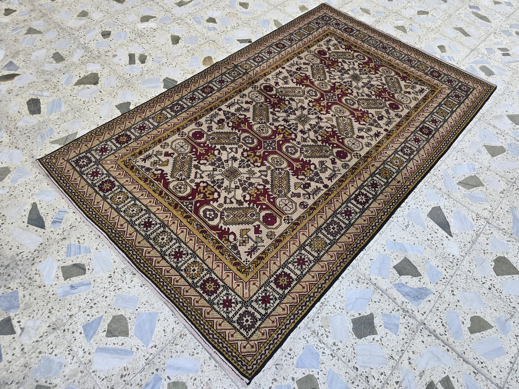 Shirvan Handwoven 4x7ft Vintage Afghan Rug, Geometric light beige and red Wool Area Rug, Living Room Rug, Bedroom Rug