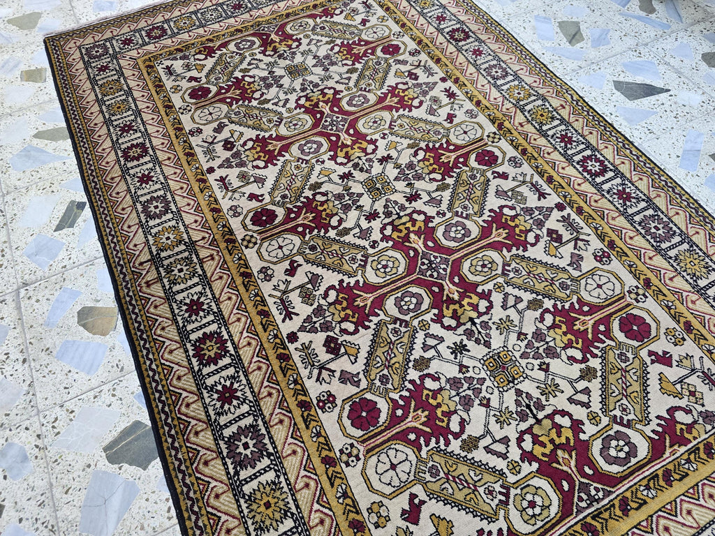 Shirvan Handwoven 4x7ft Vintage Afghan Rug, Geometric light beige and red Wool Area Rug, Living Room Rug, Bedroom Rug