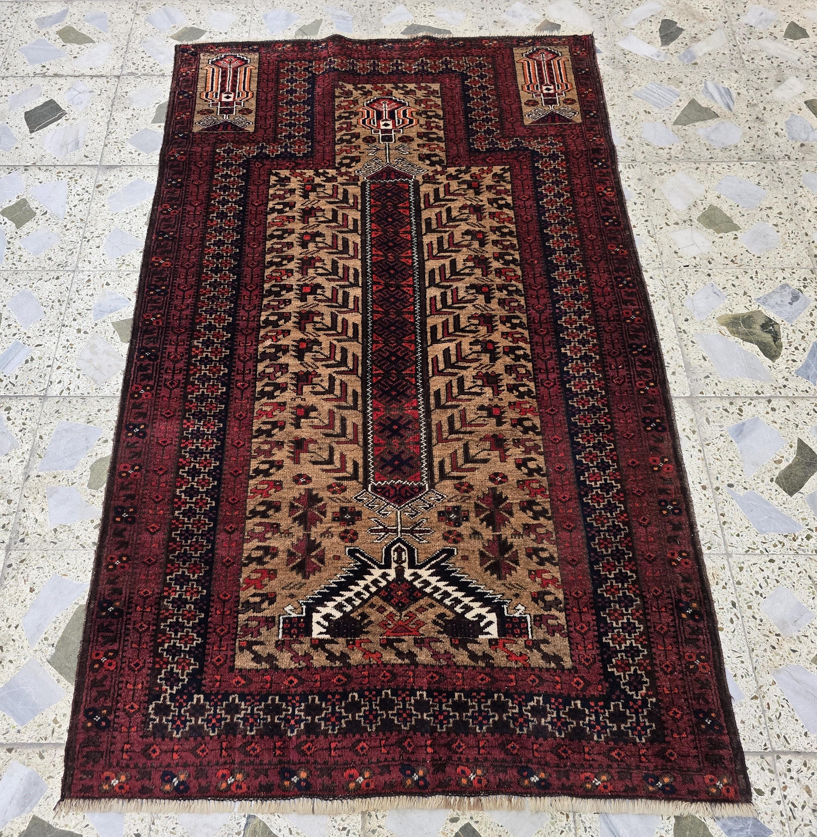 Vintage Baluchi Prayer Rug 3x5 ft – Handwoven Tribal Wool Mat, Islamic Namaz Carpet, Bohemian Decor, Wall Hanging Antique Collectible Rug