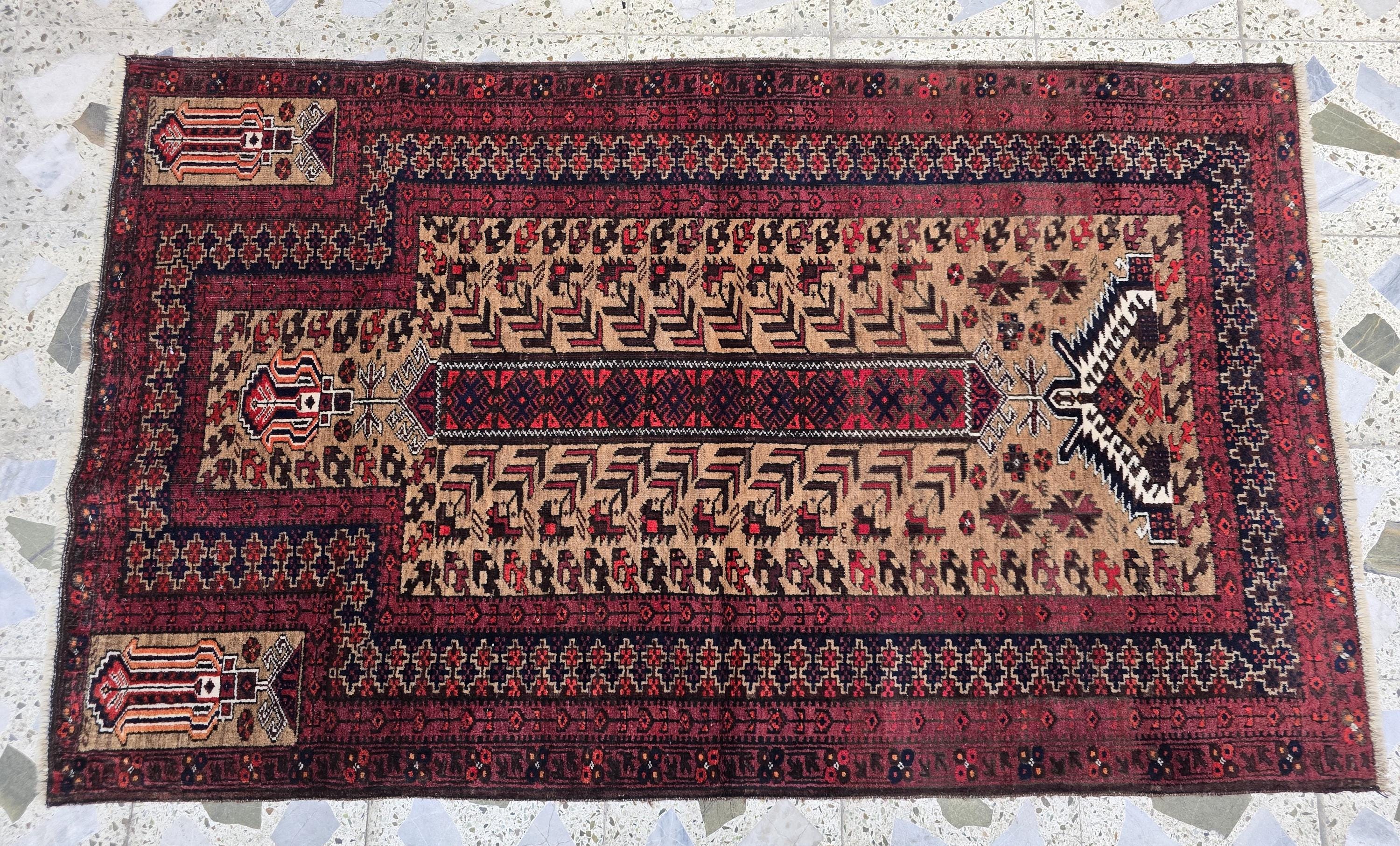 Vintage Baluchi Prayer Rug 3x5 ft – Handwoven Tribal Wool Mat, Islamic Namaz Carpet, Bohemian Decor, Wall Hanging Antique Collectible Rug