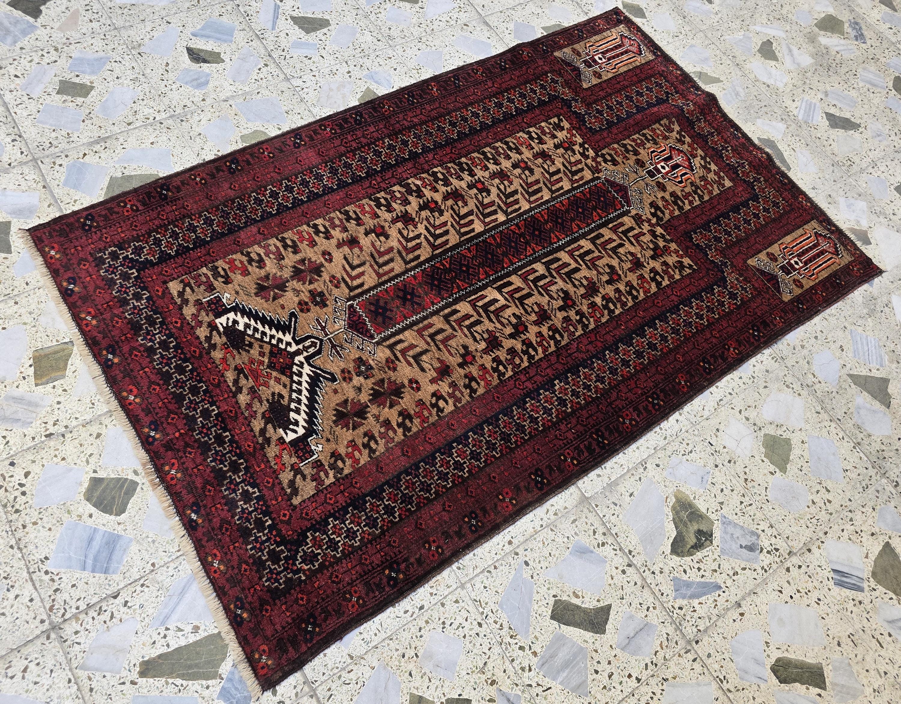 Vintage Baluchi Prayer Rug 3x5 ft – Handwoven Tribal Wool Mat, Islamic Namaz Carpet, Bohemian Decor, Wall Hanging Antique Collectible Rug