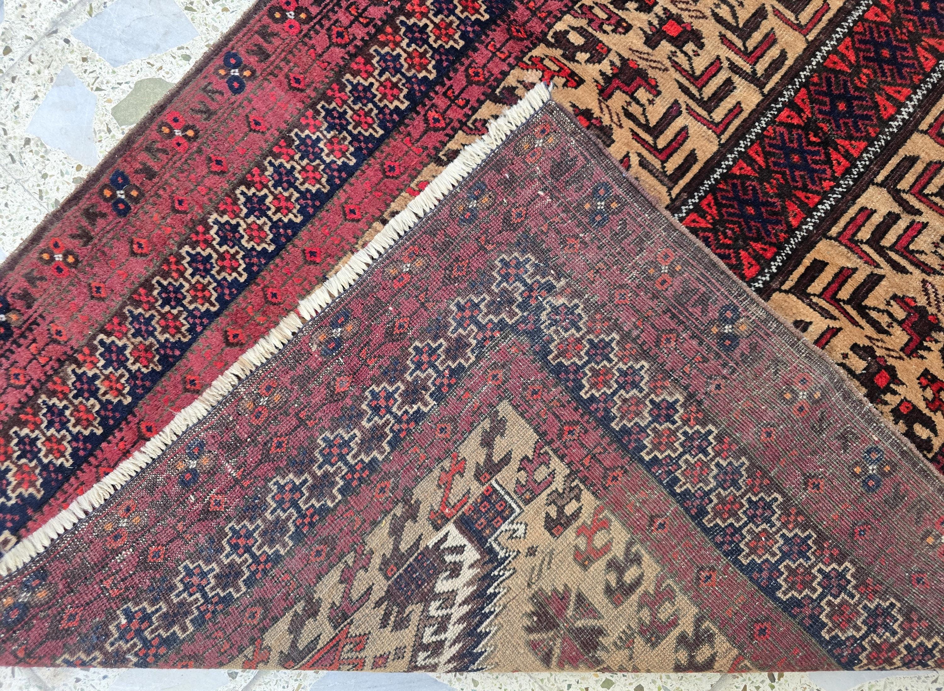 Vintage Baluchi Prayer Rug 3x5 ft – Handwoven Tribal Wool Mat, Islamic Namaz Carpet, Bohemian Decor, Wall Hanging Antique Collectible Rug