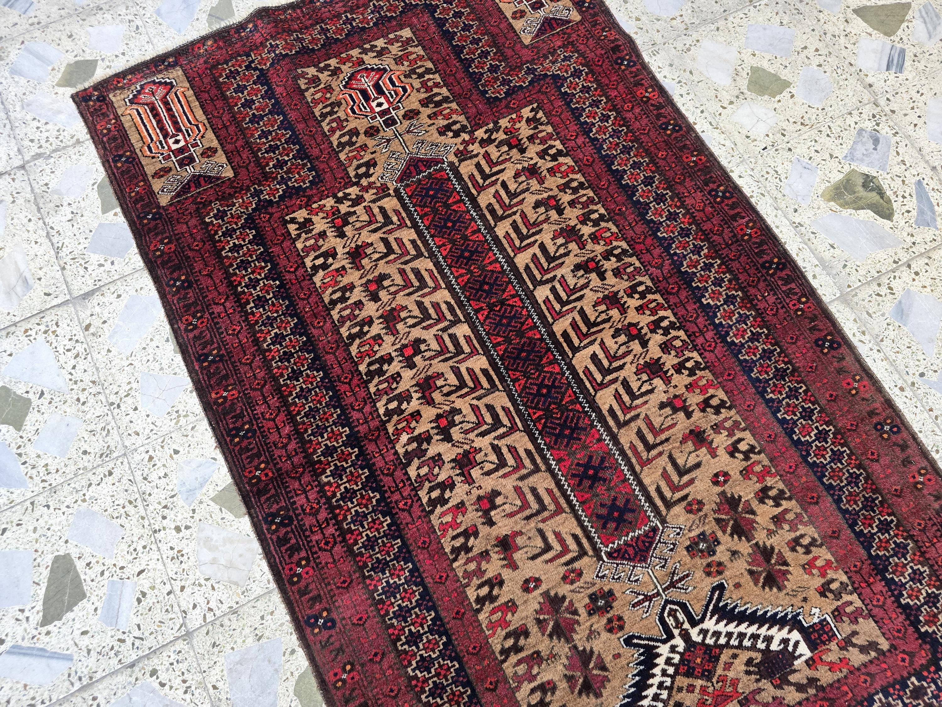 Vintage Baluchi Prayer Rug 3x5 ft – Handwoven Tribal Wool Mat, Islamic Namaz Carpet, Bohemian Decor, Wall Hanging Antique Collectible Rug