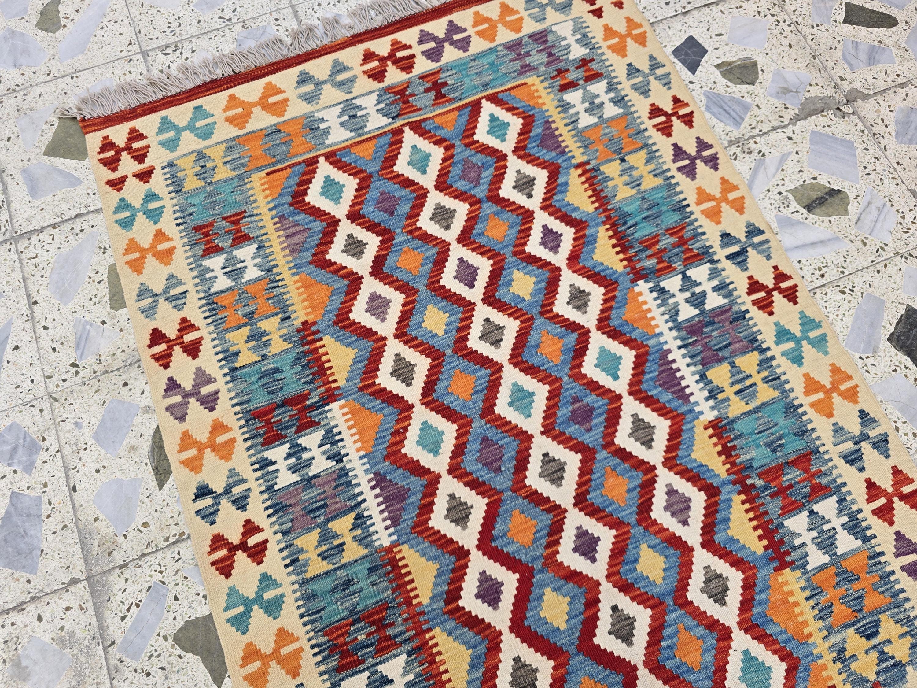 3x5 Flatweave Multicolor Kilim Rug – Handwoven Vintage Wool Area Rug, Boho Tribal Carpet, Ethnic Afghan Decor, Rug for Bedroom, Hallway