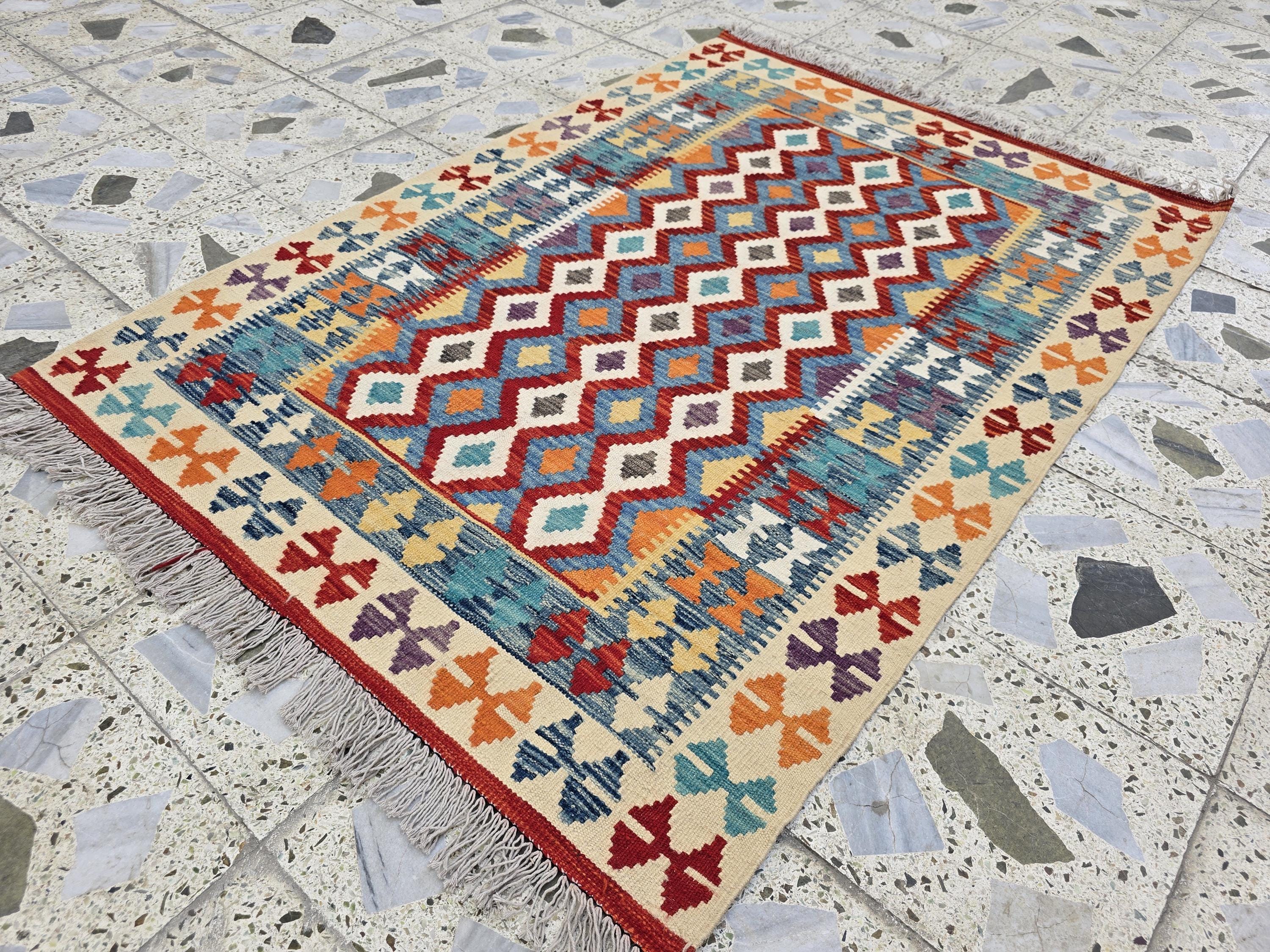 3x5 Flatweave Multicolor Kilim Rug – Handwoven Vintage Wool Area Rug, Boho Tribal Carpet, Ethnic Afghan Decor, Rug for Bedroom, Hallway