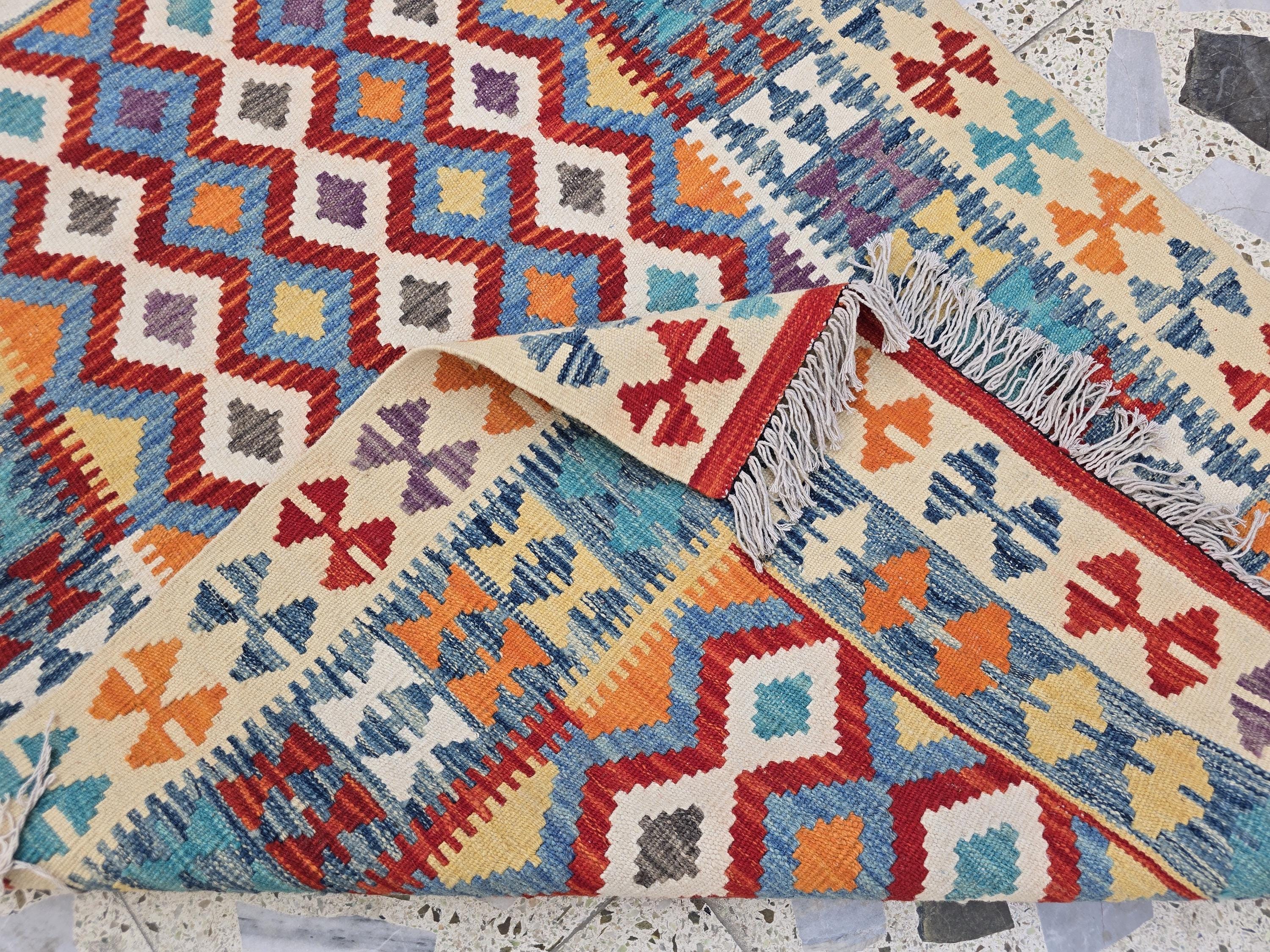 3x5 Flatweave Multicolor Kilim Rug – Handwoven Vintage Wool Area Rug, Boho Tribal Carpet, Ethnic Afghan Decor, Rug for Bedroom, Hallway