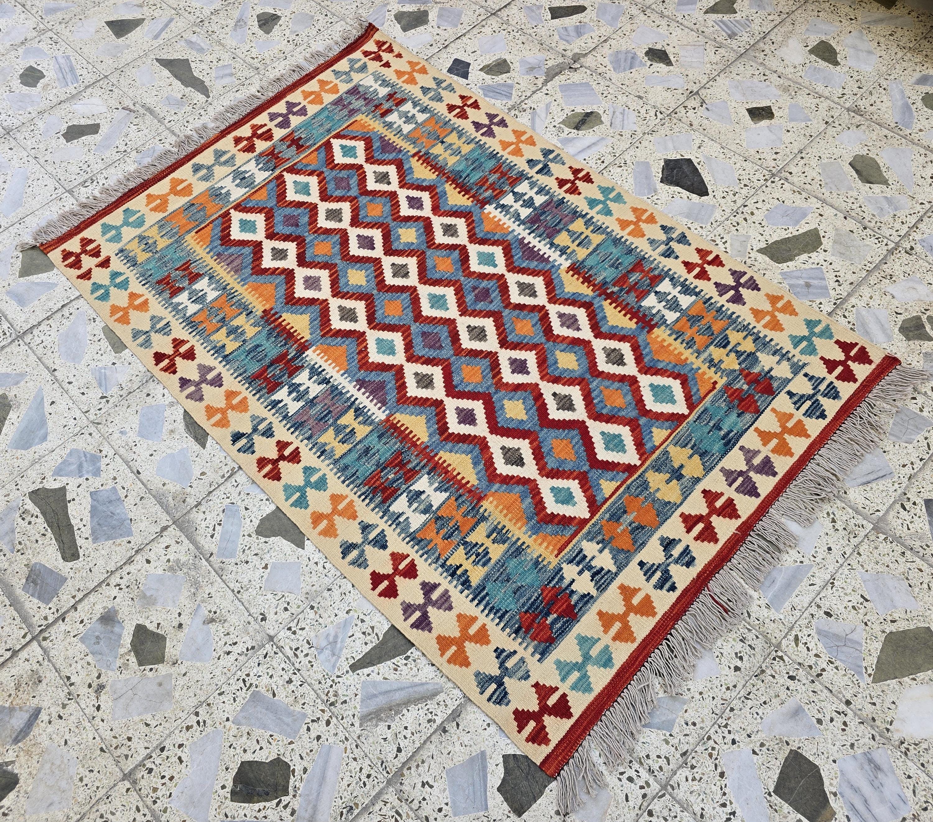 3x5 Flatweave Multicolor Kilim Rug – Handwoven Vintage Wool Area Rug, Boho Tribal Carpet, Ethnic Afghan Decor, Rug for Bedroom, Hallway