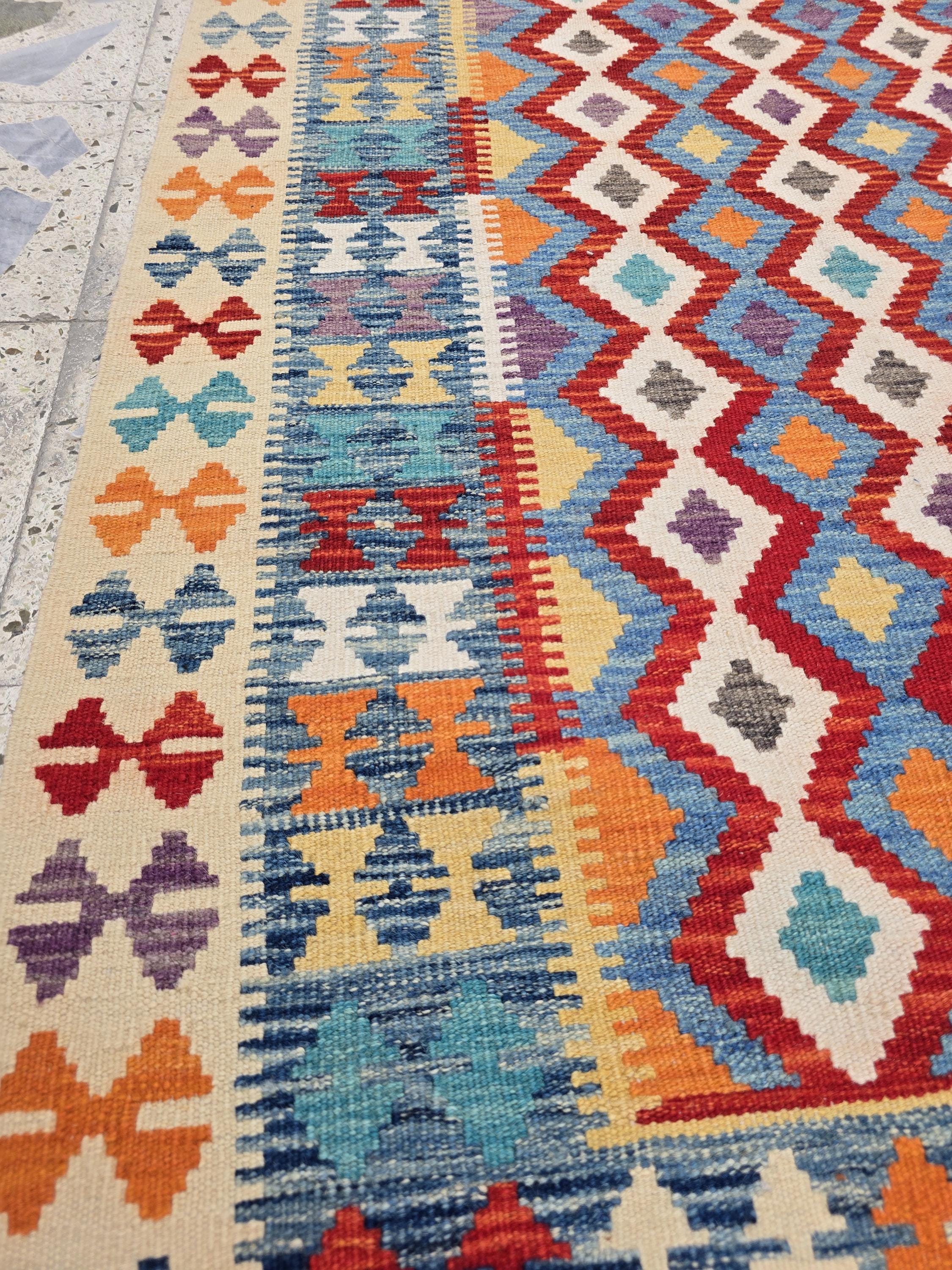 3x5 Flatweave Multicolor Kilim Rug – Handwoven Vintage Wool Area Rug, Boho Tribal Carpet, Ethnic Afghan Decor, Rug for Bedroom, Hallway