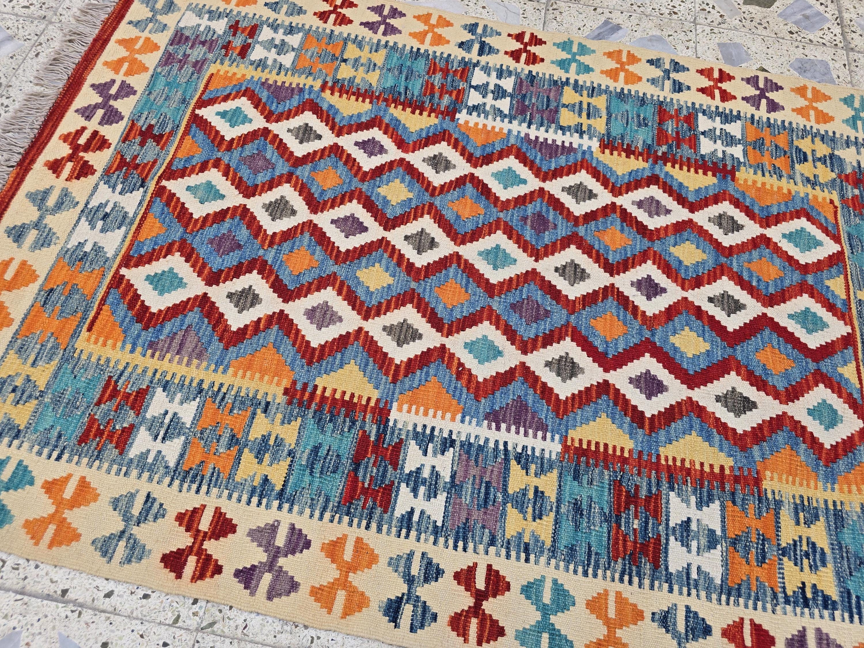 3x5 Flatweave Multicolor Kilim Rug – Handwoven Vintage Wool Area Rug, Boho Tribal Carpet, Ethnic Afghan Decor, Rug for Bedroom, Hallway