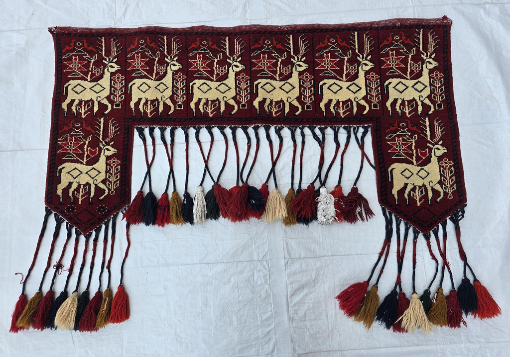Handmade Afghan Tribal Wall Hanging Animal Print– Wool Textile with Tassels – 4.2 x 1.1 ft – Red & Cream Ethnic Decor – Nomadic Wall Art