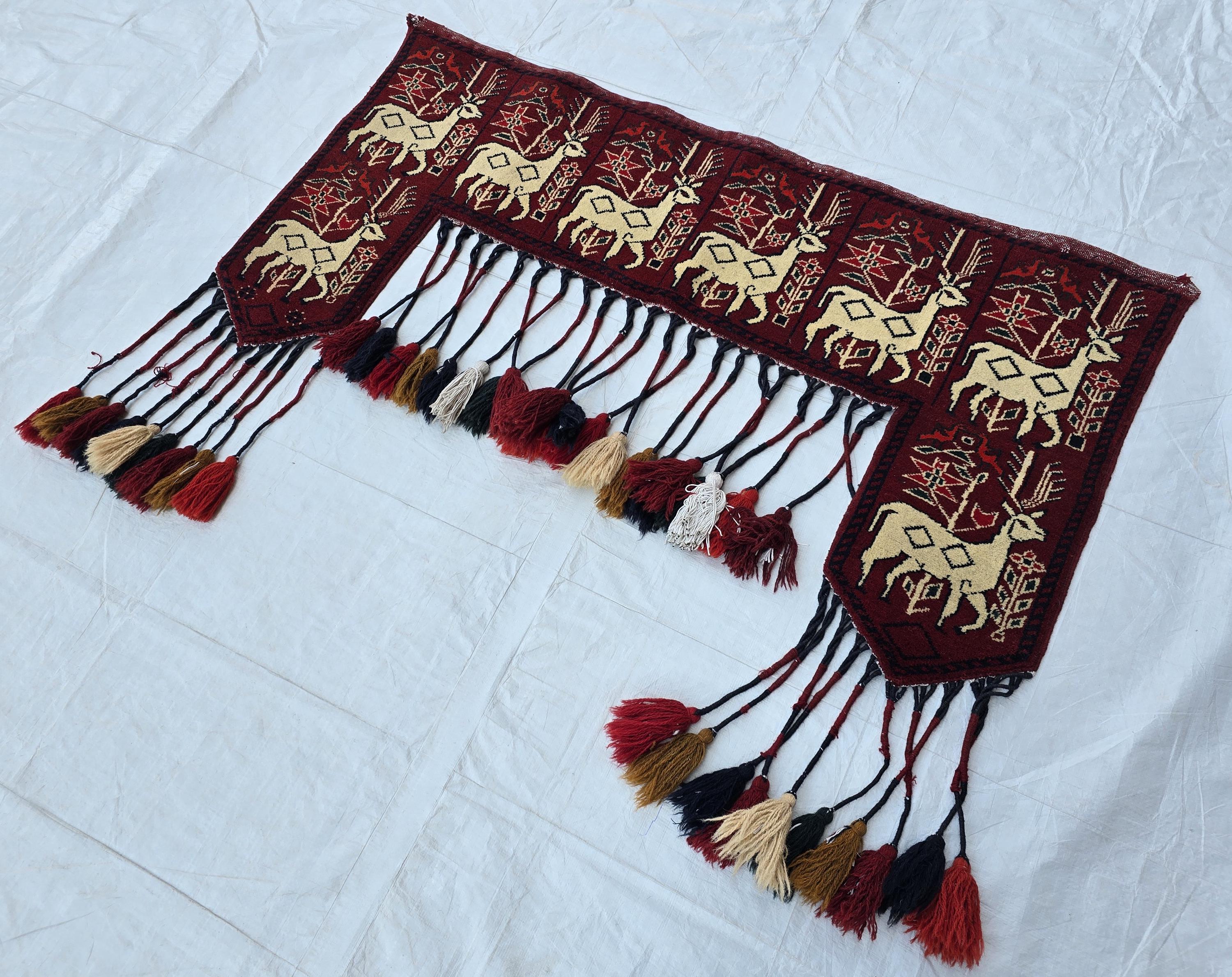 Handmade Afghan Tribal Wall Hanging Animal Print– Wool Textile with Tassels – 4.2 x 1.1 ft – Red & Cream Ethnic Decor – Nomadic Wall Art