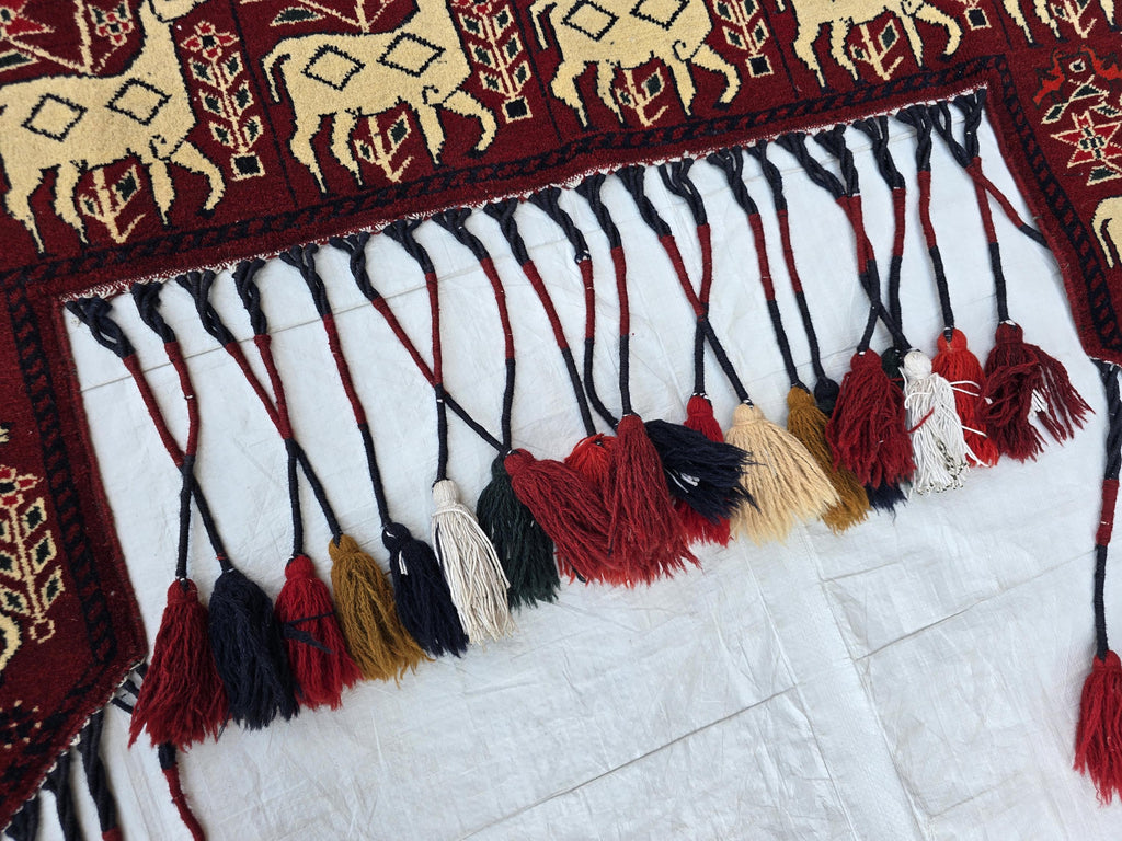 Handmade Afghan Tribal Wall Hanging Animal Print– Wool Textile with Tassels – 4.2 x 1.1 ft – Red & Cream Ethnic Decor – Nomadic Wall Art
