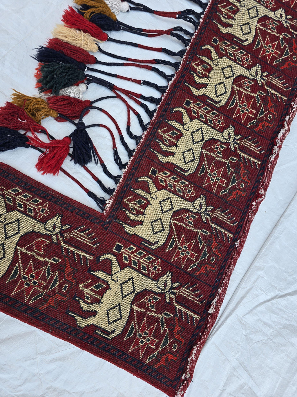 Handmade Afghan Tribal Wall Hanging Animal Print– Wool Textile with Tassels – 4.2 x 1.1 ft – Red & Cream Ethnic Decor – Nomadic Wall Art