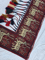 Handmade Afghan Tribal Wall Hanging Animal Print– Wool Textile with Tassels – 4.2 x 1.1 ft – Red & Cream Ethnic Decor – Nomadic Wall Art