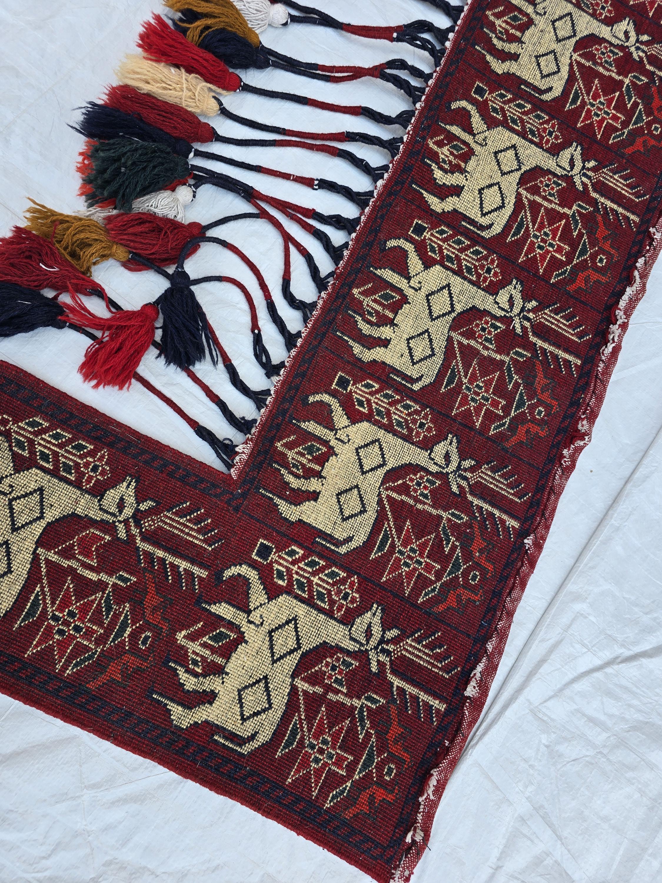 Handmade Afghan Tribal Wall Hanging Animal Print– Wool Textile with Tassels – 4.2 x 1.1 ft – Red & Cream Ethnic Decor – Nomadic Wall Art