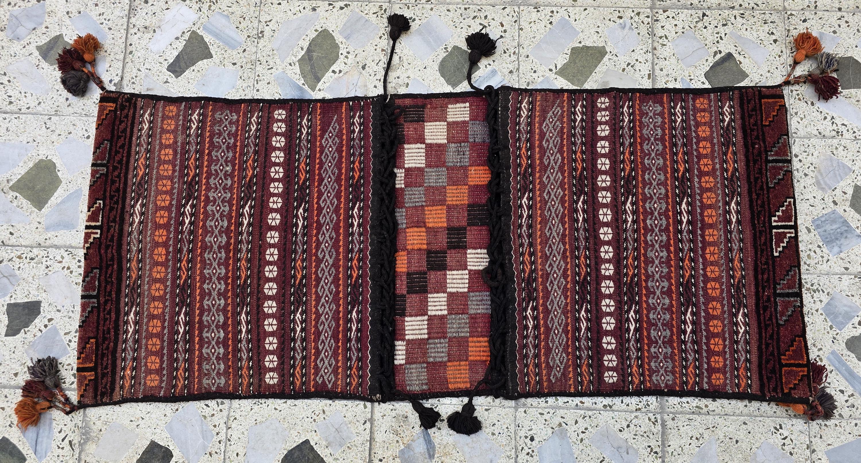 Tribal Afghan Saddlebag Rug – Vintage 4.9x2.1ft – Handmade Wool Bag for Horse, Camel, Wall Hanging