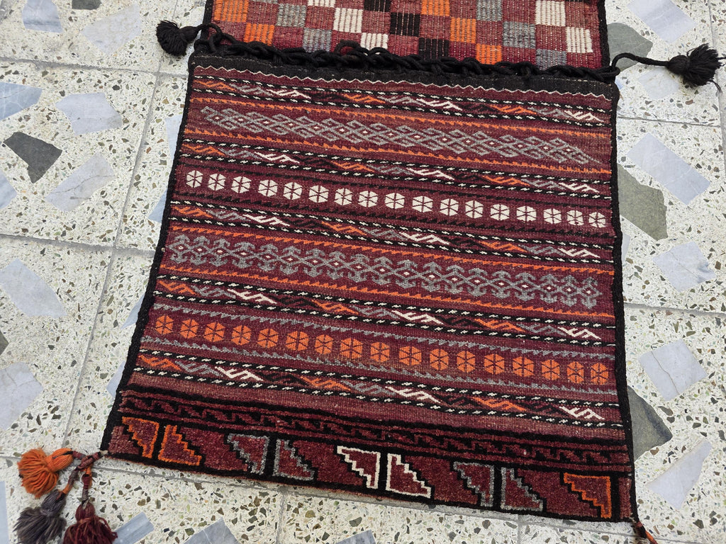 Tribal Afghan Saddlebag Rug – Vintage 4.9x2.1ft – Handmade Wool Bag for Horse, Camel, Wall Hanging