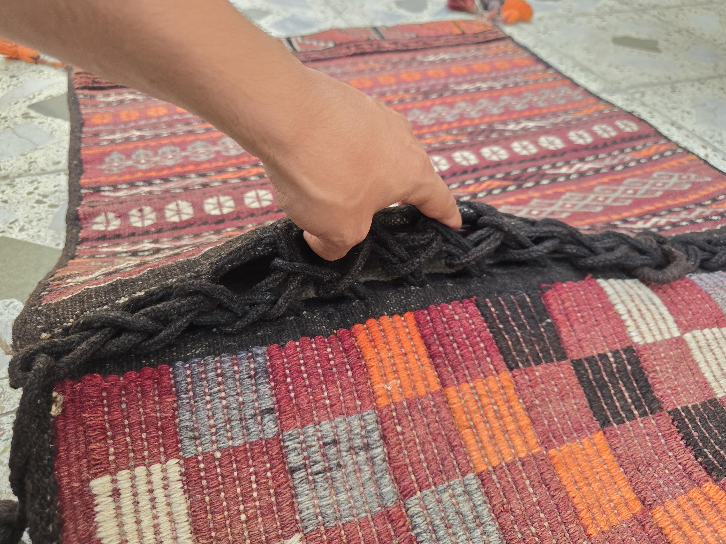 Tribal Afghan Saddlebag Rug – Vintage 4.9x2.1ft – Handmade Wool Bag for Horse, Camel, Wall Hanging