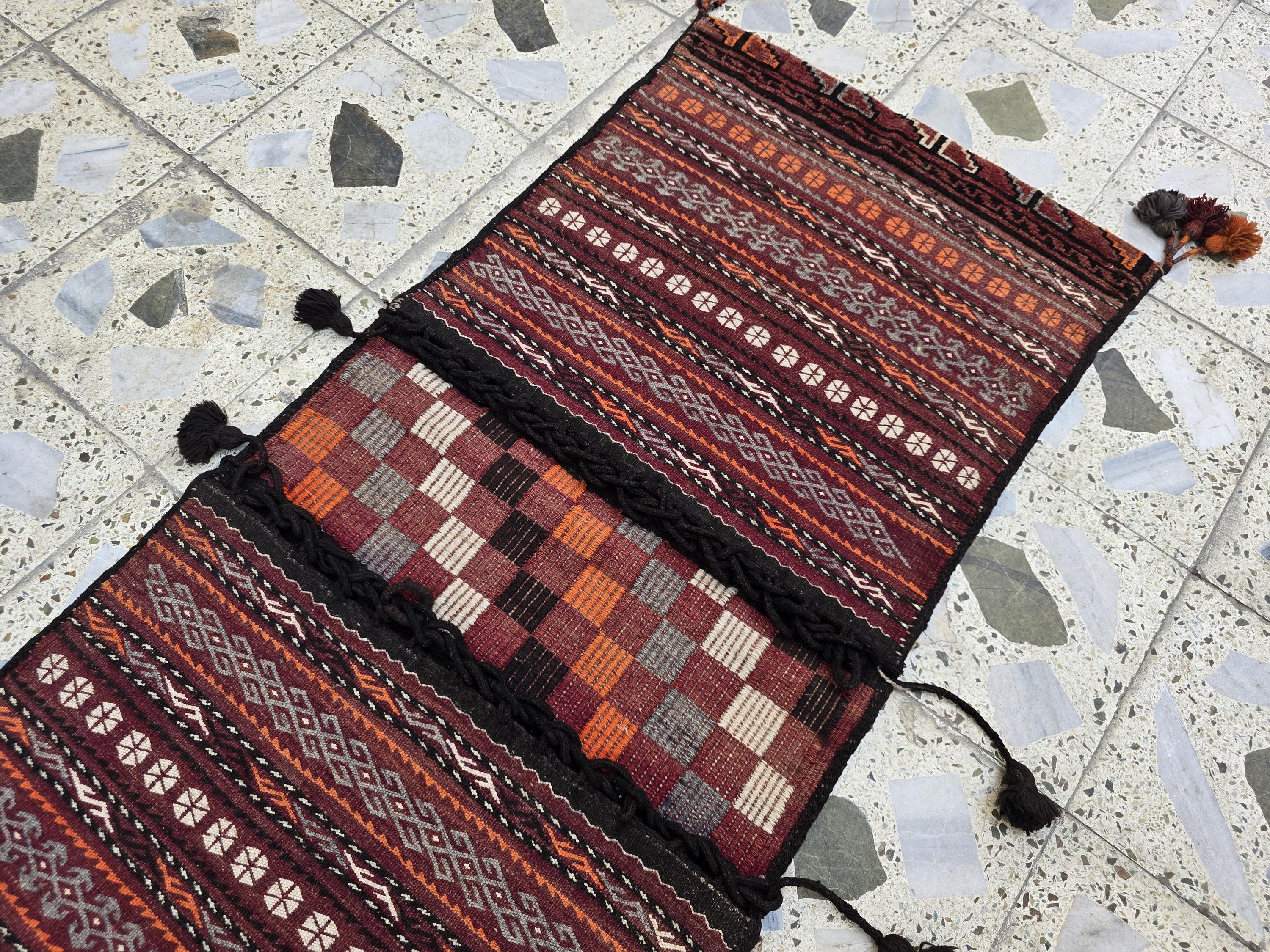 Tribal Afghan Saddlebag Rug – Vintage 4.9x2.1ft – Handmade Wool Bag for Horse, Camel, Wall Hanging