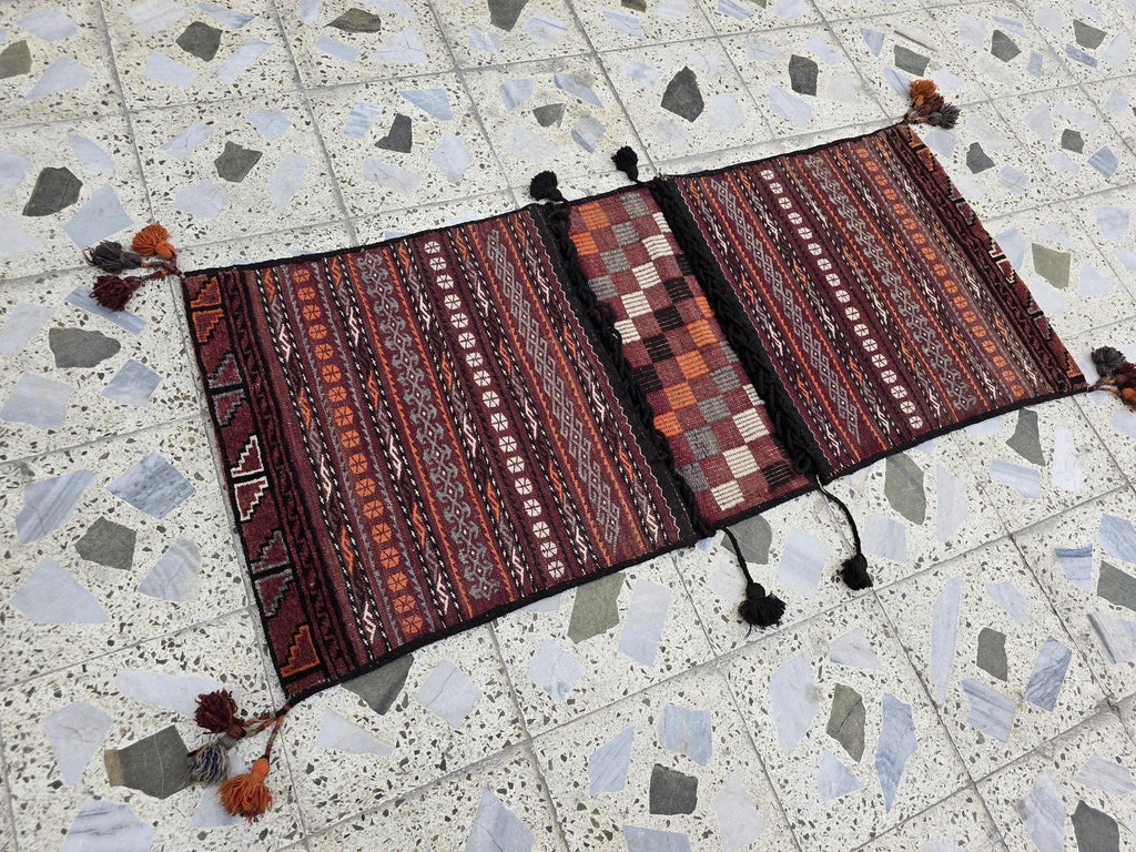Tribal Afghan Saddlebag Rug – Vintage 4.9x2.1ft – Handmade Wool Bag for Horse, Camel, Wall Hanging