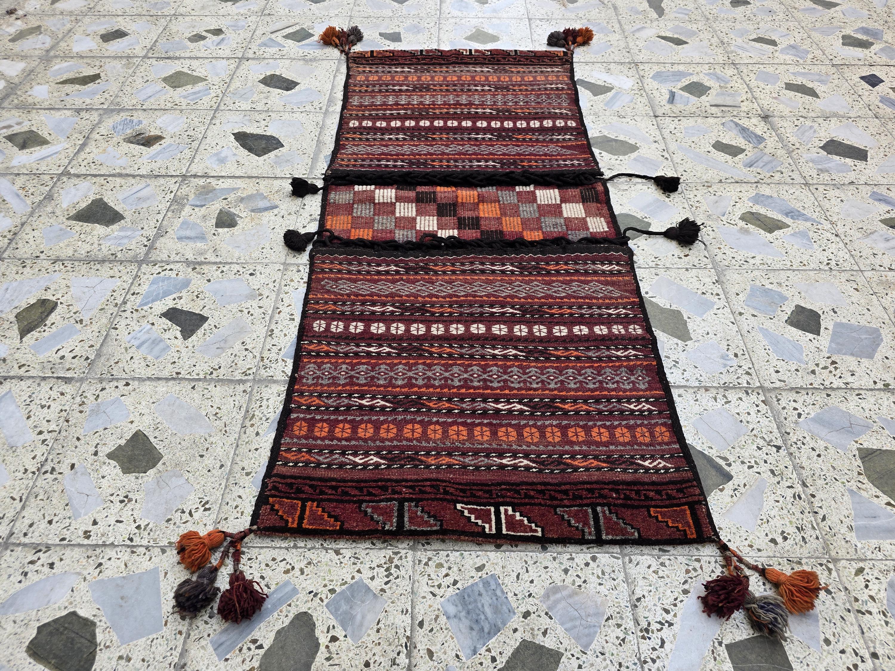 Tribal Afghan Saddlebag Rug – Vintage 4.9x2.1ft – Handmade Wool Bag for Horse, Camel, Wall Hanging