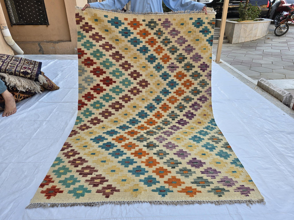 4x5 Handwoven Flatweave Afghan Kilim Rug, Turkmen Wool Area Rug, Geometric Multicolor Rug, Boho Home Decor, Living Room Rug, Bedroom Rug