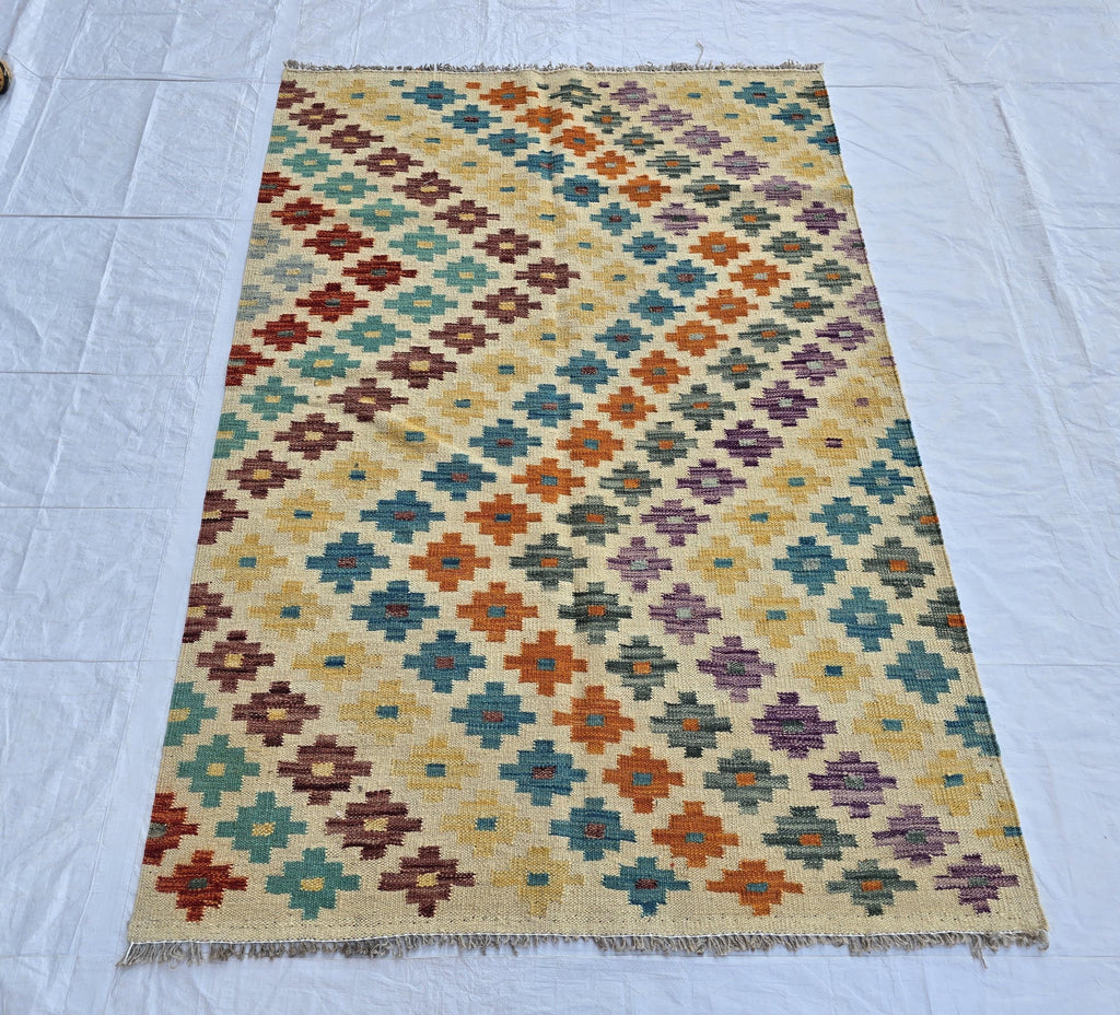 4x5 Handwoven Flatweave Afghan Kilim Rug, Turkmen Wool Area Rug, Geometric Multicolor Rug, Boho Home Decor, Living Room Rug, Bedroom Rug