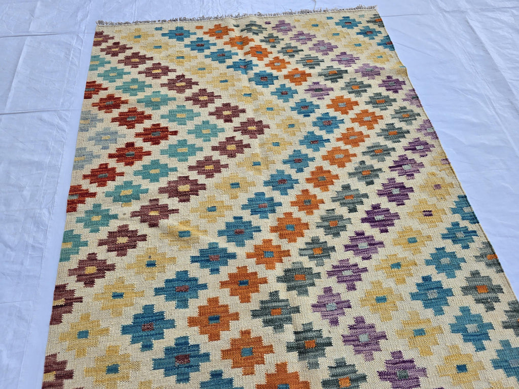 4x5 Handwoven Flatweave Afghan Kilim Rug, Turkmen Wool Area Rug, Geometric Multicolor Rug, Boho Home Decor, Living Room Rug, Bedroom Rug