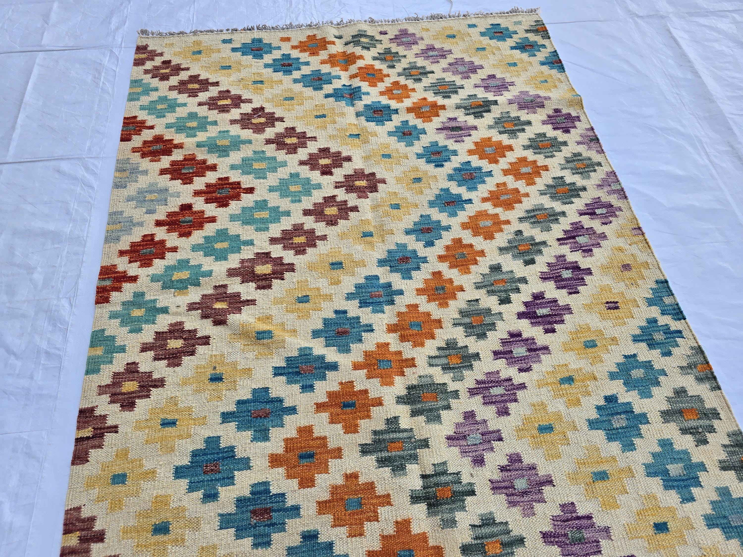 4x5 Handwoven Flatweave Afghan Kilim Rug, Turkmen Wool Area Rug, Geometric Multicolor Rug, Boho Home Decor, Living Room Rug, Bedroom Rug