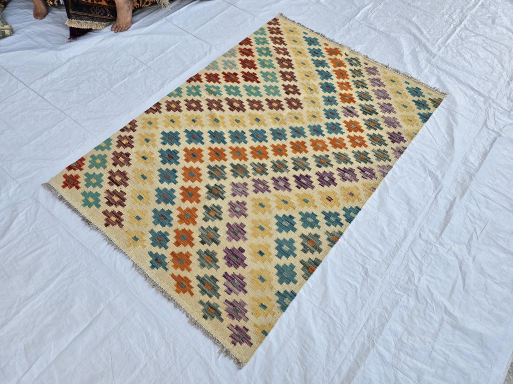 4x5 Handwoven Flatweave Afghan Kilim Rug, Turkmen Wool Area Rug, Geometric Multicolor Rug, Boho Home Decor, Living Room Rug, Bedroom Rug