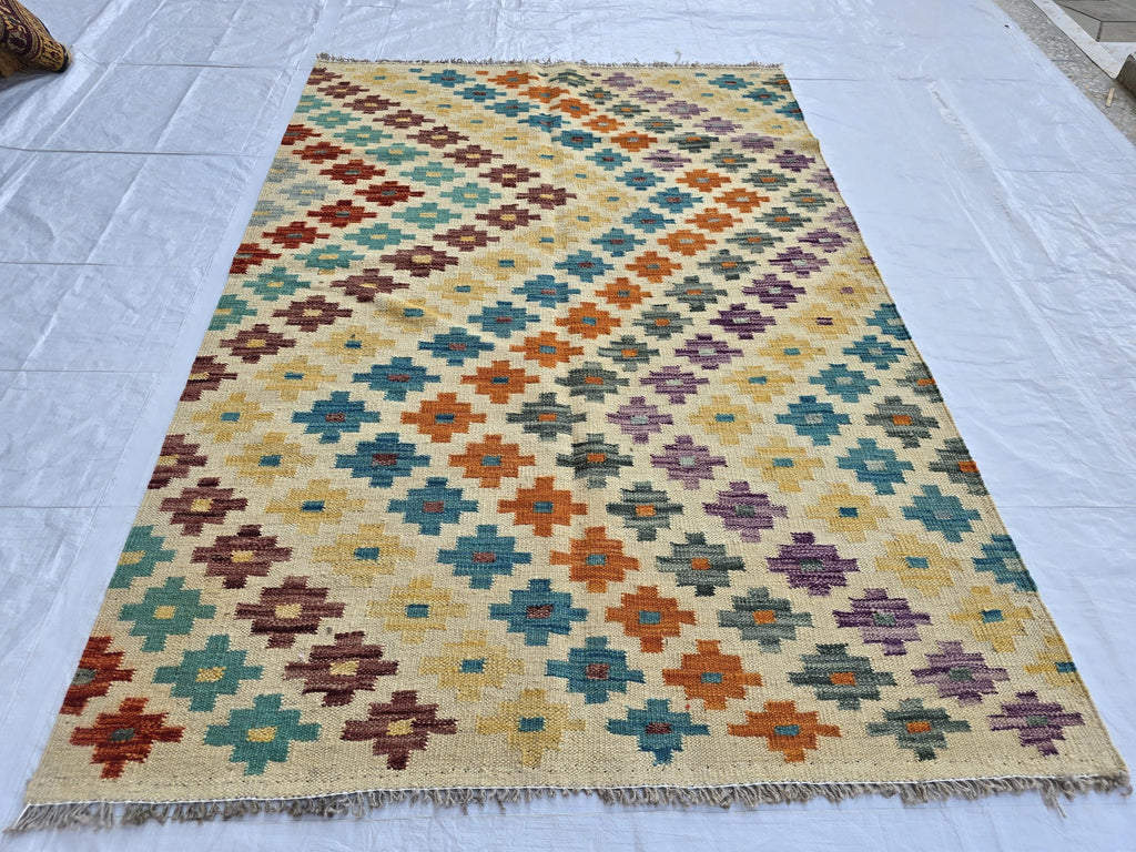 4x5 Handwoven Flatweave Afghan Kilim Rug, Turkmen Wool Area Rug, Geometric Multicolor Rug, Boho Home Decor, Living Room Rug, Bedroom Rug