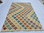 4x5 Handwoven Flatweave Afghan Kilim Rug, Turkmen Wool Area Rug, Geometric Multicolor Rug, Boho Home Decor, Living Room Rug, Bedroom Rug