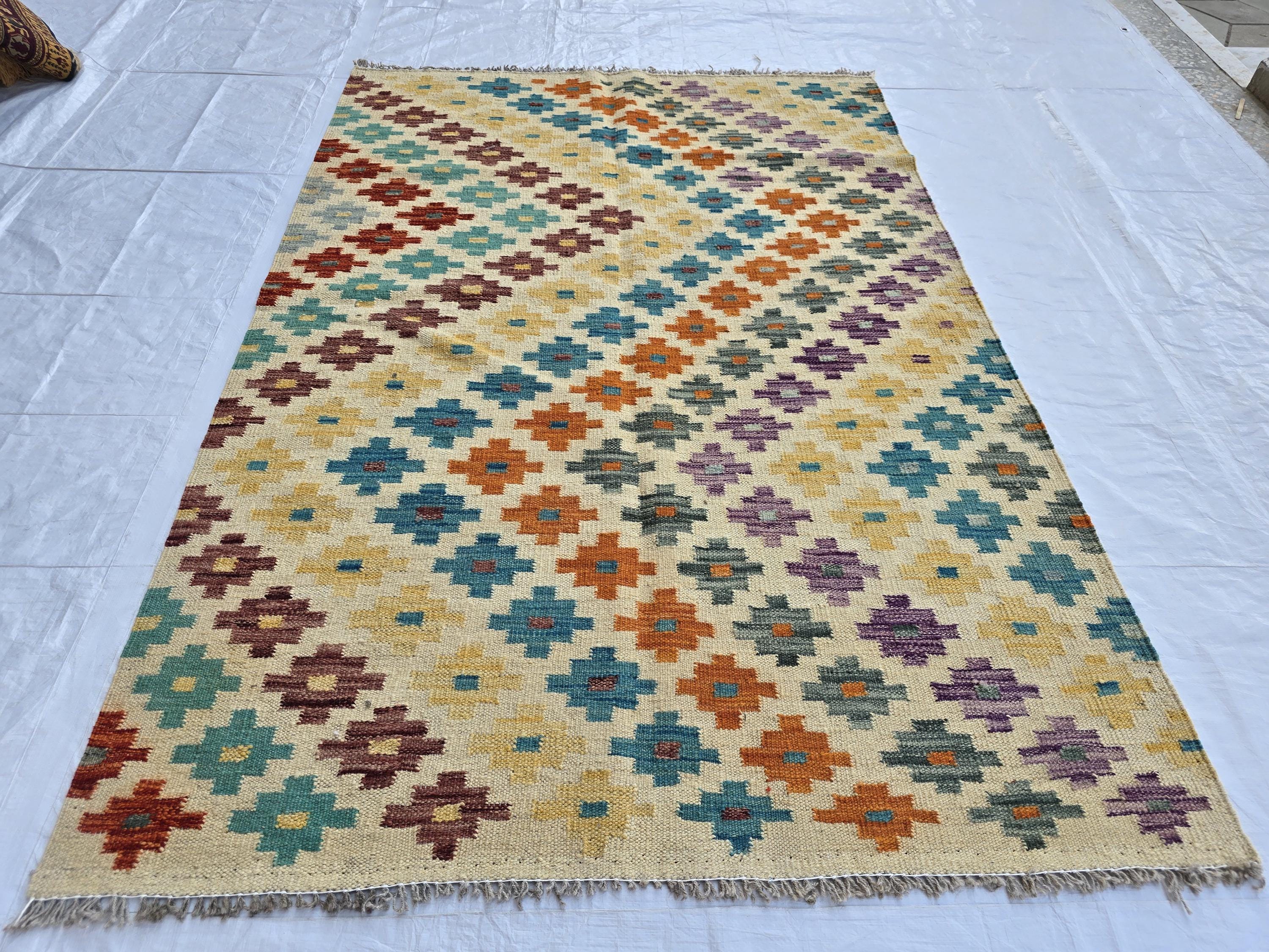 4x5 Handwoven Flatweave Afghan Kilim Rug, Turkmen Wool Area Rug, Geometric Multicolor Rug, Boho Home Decor, Living Room Rug, Bedroom Rug