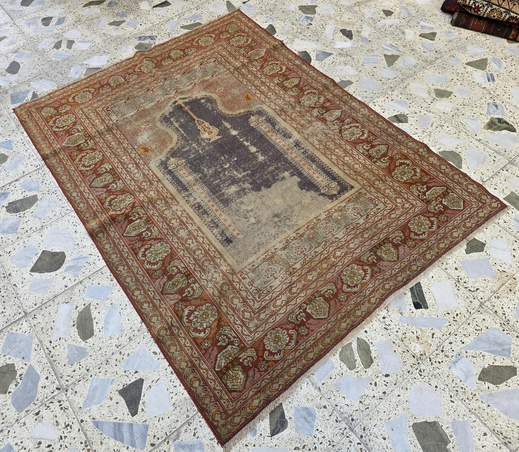 Antique Prayer Rug 5.5x4.2ft – Handmade Wool Rug with Mihrab & Hanging Lamp – Vintage Islamic Carpet Red Purple Aged Patina, 100 year old