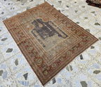 Antique Prayer Rug 5.5x4.2ft – Handmade Wool Rug with Mihrab & Hanging Lamp – Vintage Islamic Carpet Red Purple Aged Patina, 100 year old