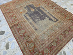 Antique Prayer Rug 5.5x4.2ft – Handmade Wool Rug with Mihrab & Hanging Lamp – Vintage Islamic Carpet Red Purple Aged Patina, 100 year old