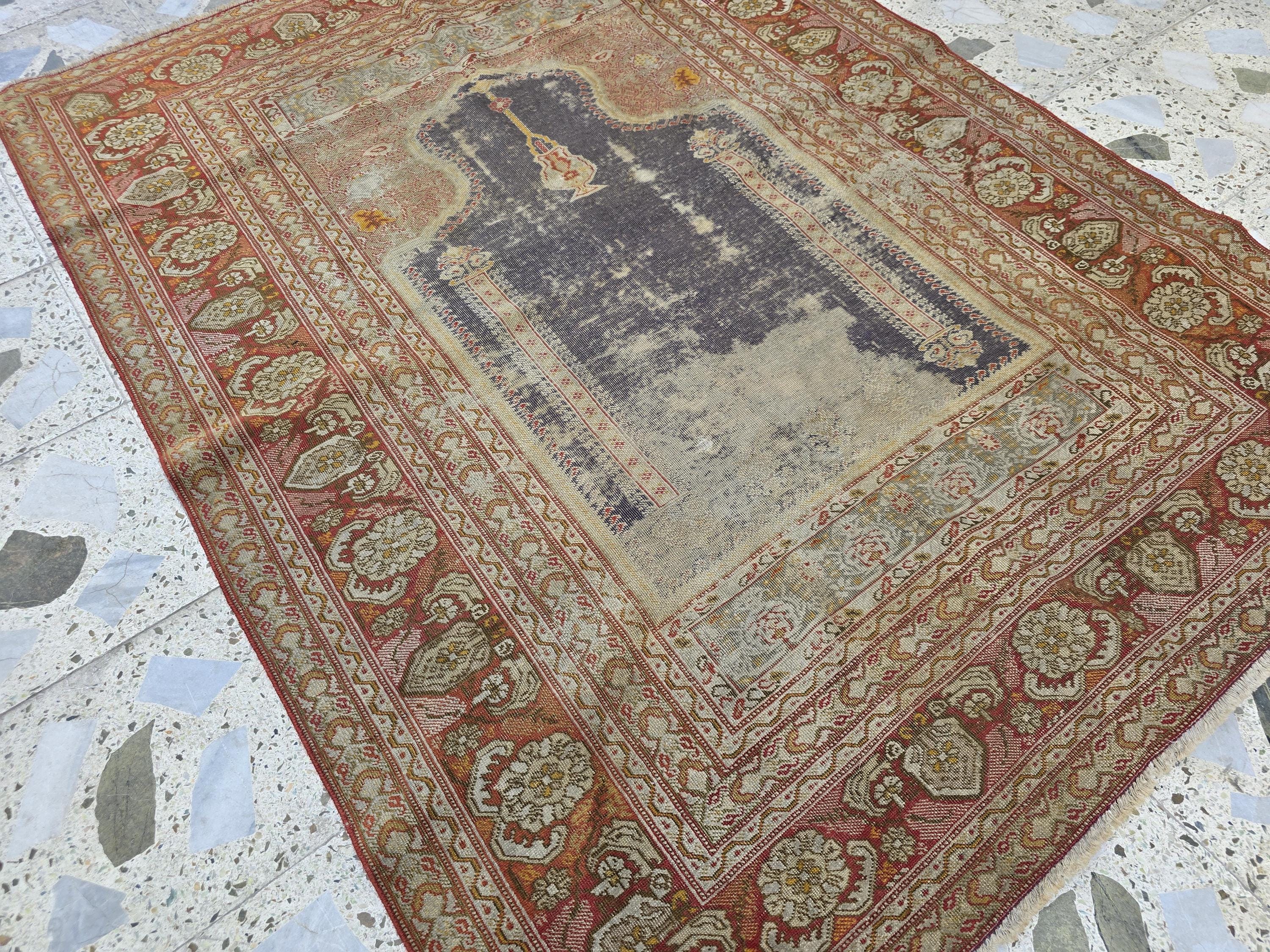 Antique Prayer Rug 5.5x4.2ft – Handmade Wool Rug with Mihrab & Hanging Lamp – Vintage Islamic Carpet Red Purple Aged Patina, 100 year old