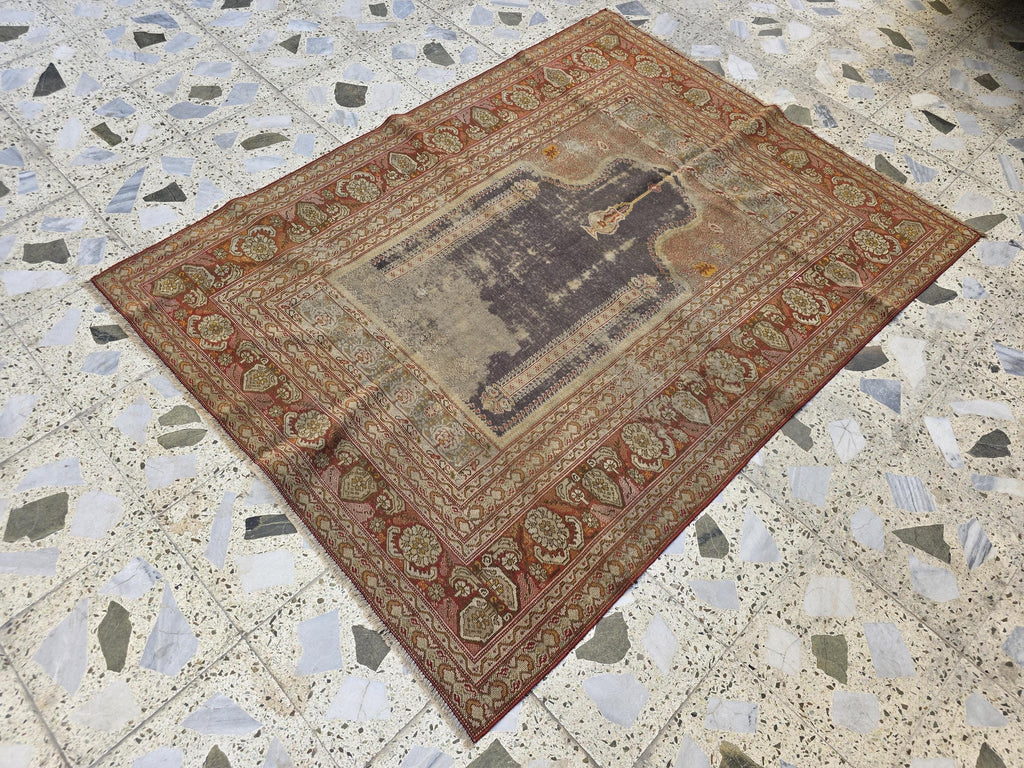 Antique Prayer Rug 5.5x4.2ft – Handmade Wool Rug with Mihrab & Hanging Lamp – Vintage Islamic Carpet Red Purple Aged Patina, 100 year old
