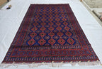 6x10 Turkmen Handwoven Large Bukhara Rug, Navy Blue and Red Geometric Wool Area Rug, High Pile Rug, Rug for Living Room, Bedroom Rug 296x196