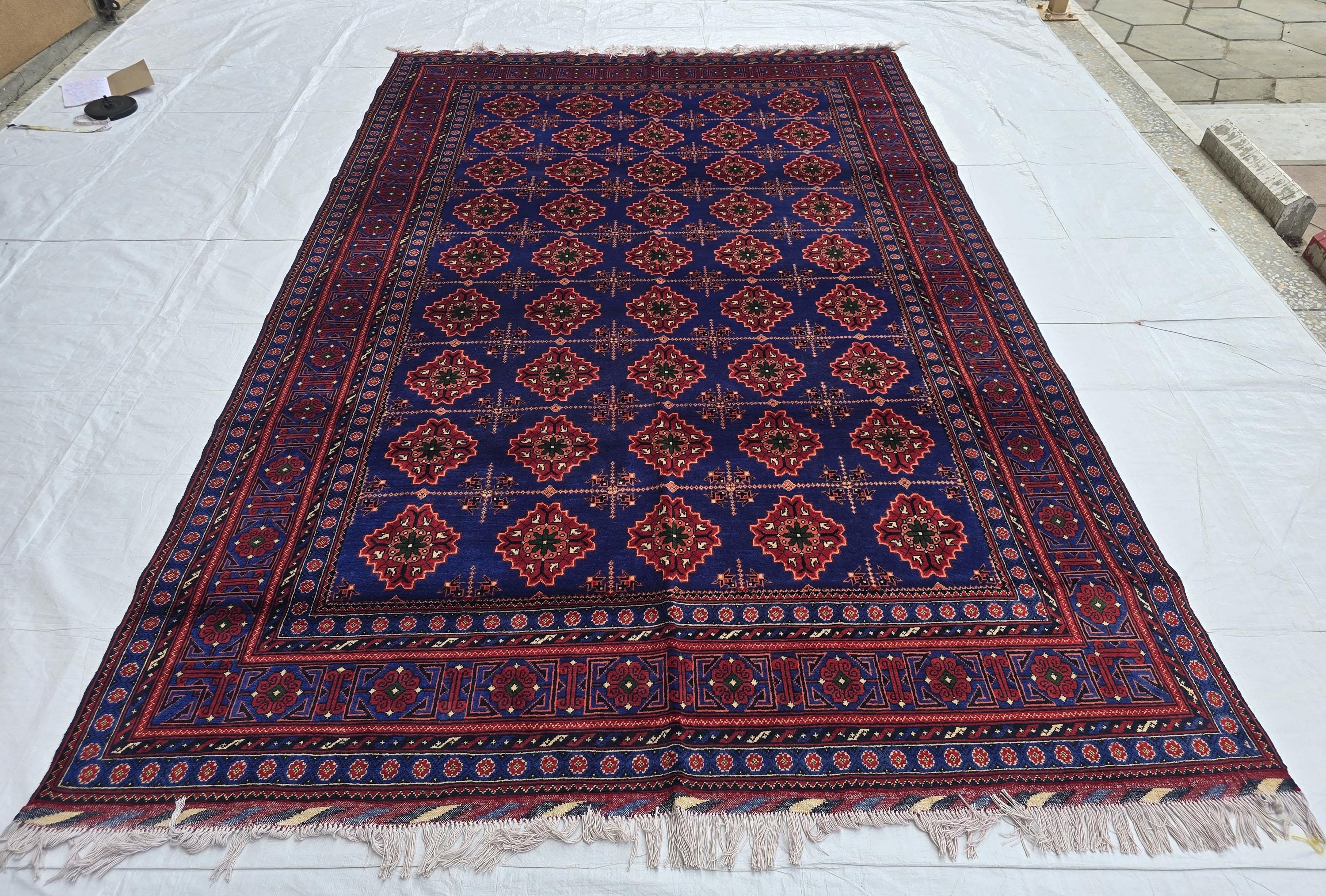 6x10 Turkmen Handwoven Large Bukhara Rug, Navy Blue and Red Geometric Wool Area Rug, High Pile Rug, Rug for Living Room, Bedroom Rug 296x196